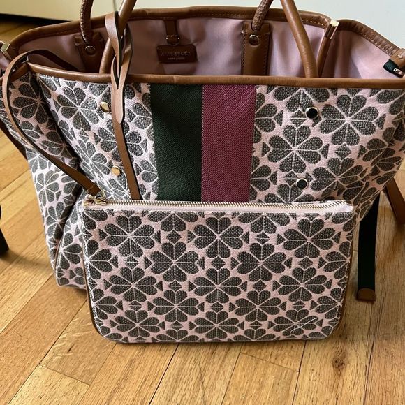 Kate Spade Medium Everything Tote Bag pink green w pouch - Picture 11 of 16